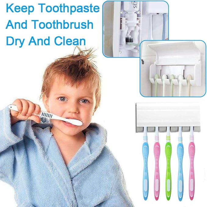 Auto Toothpaste Dispenser with 5 Toothbrush Holder Stand